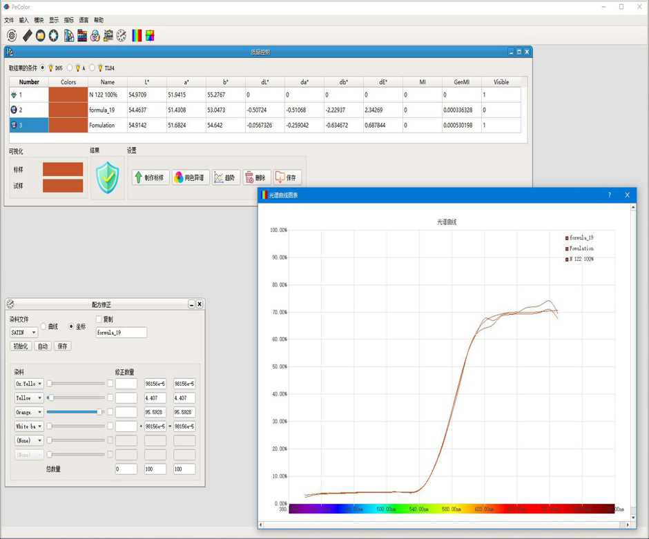 PeColor配色软件配方修正光谱曲线